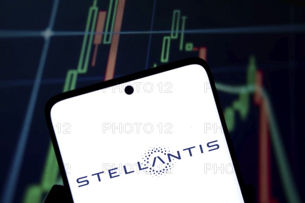 Stellantis logo is displayed on smartphone. Stellantis is a multinational automotive manufacturing company.