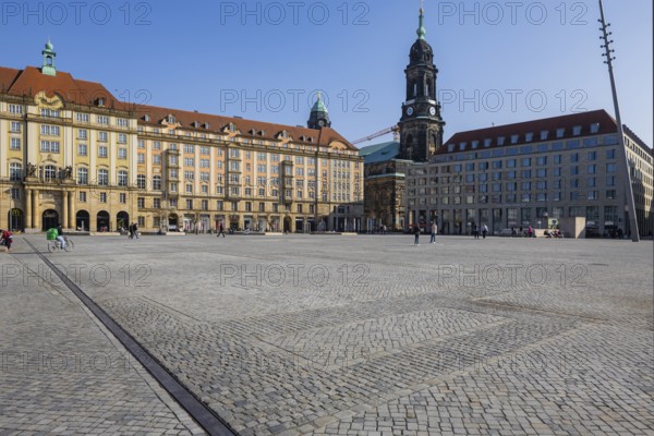 Altmarkt with the splendid post-war new buildings, which are modelled somewhat on the Dresden Baroque style. On the west side, markings in the pavement are reminiscent of Dresden's first town hall, Dresden, Saxony, Germany