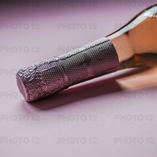 Bottle of rose champagne wine in minimal composition on pink background with copy space. Natural light. Template for tasting, degustation invitation card. Side view