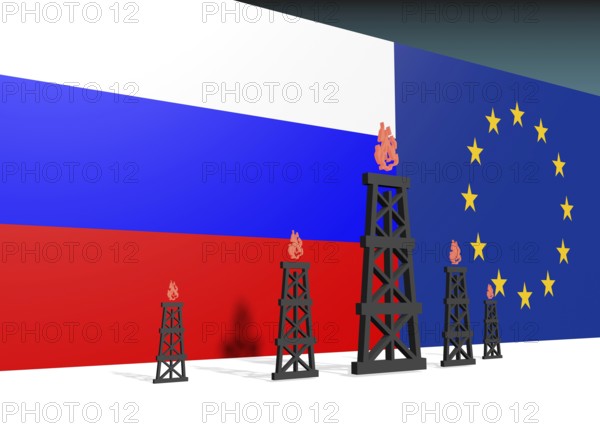 Image relative to gas transit from russia to european union. 3D rendering. Russian and europe flags, gas rig icons near them