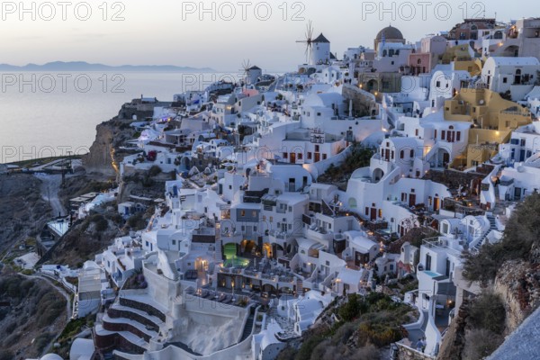View of Oia, blue hour after sunset, Santorini, Cyclades, Greece