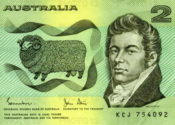 Detail of the old $2 Australian bank note featuring sheep breeder John Macarthur