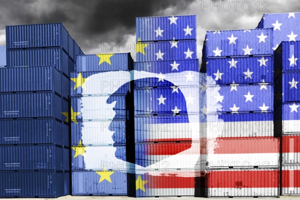 Stacked containers with European and US flags and silhouette of Donald Trump, symbolic photo trade between the USA and Europe, photomontage