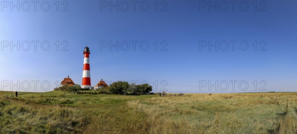 Panoramic photo 40 metre high Westerheversand lighthouse built in 1906 on the Eiderstedt peninsula in the Wadden Sea, Westerhever, Eiderstedt peninsula, North Sea, North Frisia, Schleswig-Holstein, Germany