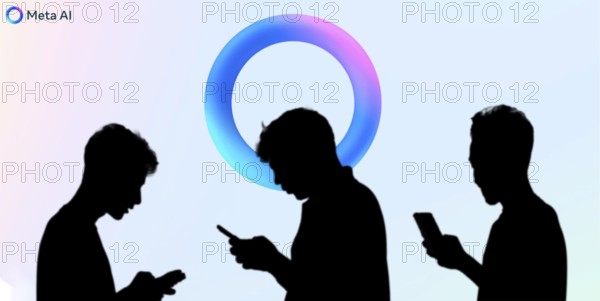 Group of business people chat on mobile phone Background META AI logo.