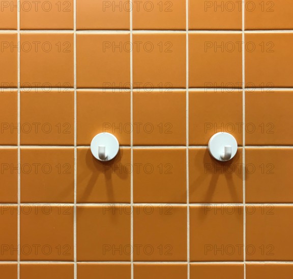Orange tiled splashback with two towel hooks