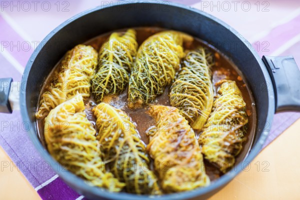 Cabbage rolls are prepared in a pan
