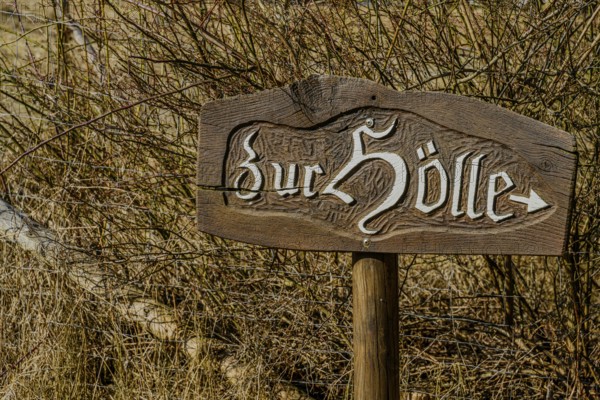 A rustic wooden sign with the inscription 'Zur Hölle' stands at the edge of a thicket, Höllbachtal, Upper Palatinate