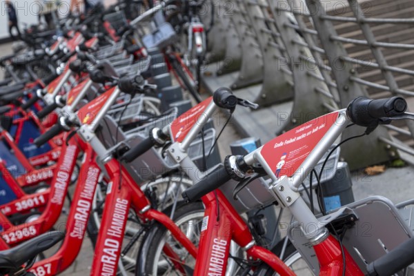 Symbolic image mobility, traffic turnaround, local transport, city bike, Deutsche Bahn rental bikes in Mönckebergstraße in front of the main railway station in the city centre of Hamburg, Germany