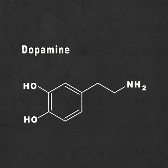 Dopamine Hormone Structural chemical formula white on black background