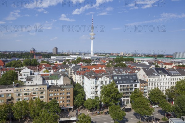Heinrich Hertz television tower, exhibition halls and residential buildings in the Karolinenviertel, aerial view, Hamburg, Germany