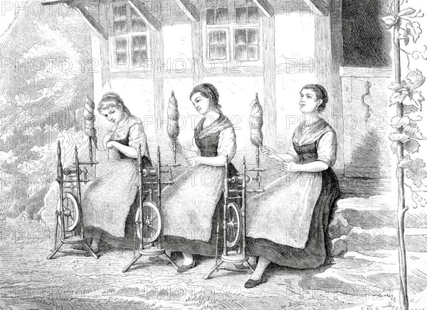 Three girls sitting in front of a house, with spinning wheel, spinning wool, around 1870, Historical, digitally enhanced reproduction of a 19th century model