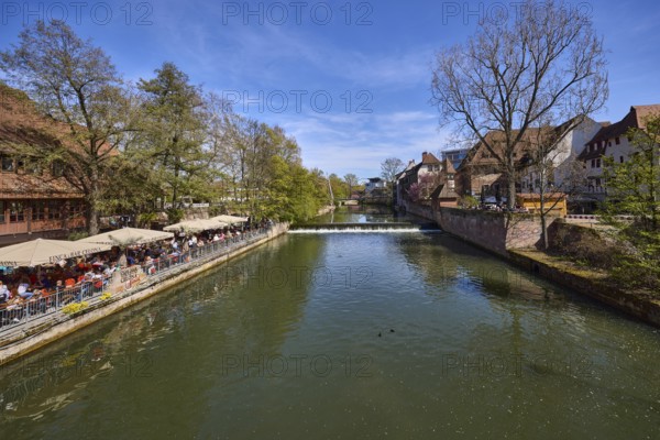 River Pegnitz, weir, trees, general architecture, outdoor area, gastronomy, Cafe and Bar Celona, blue sky, cirrostratus clouds, Vordere Insel Schütt, wasp nest, Nuremberg, Middle Franconia, independent city, Bavaria, Germany