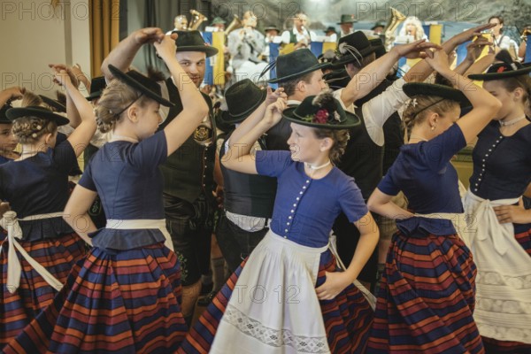Traditional traditional costume anniversary of the Trachtenverein Schliersee Stamm 1888, dance in the hall of the Bauerntheater, Schliersee, Upper Bavaria, Bavaria, Germany, 2025