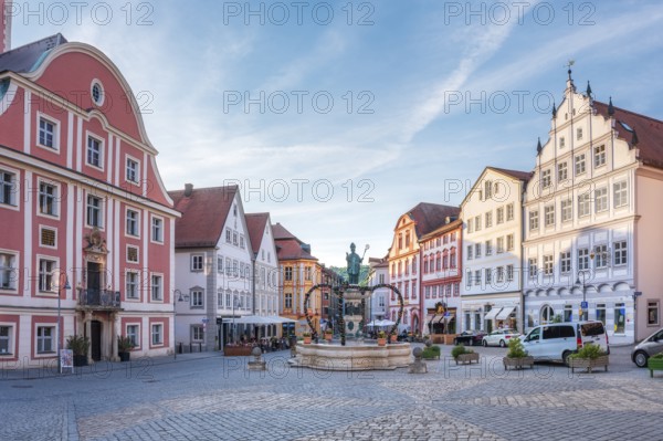 Market square with Willibald's Fountain with statue of missionary and Bishop Willibald, Eichstätt, Upper Bavaria, Bavaria, Germany