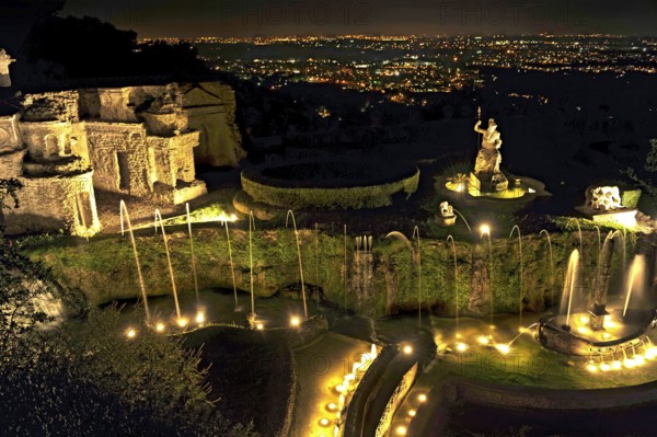 Fontana della Rometta e di Roma, Renaissance garden of the Villa d'Este, water features, fountains, atmospheric illumination at night, UNESCO World Heritage Site, Tivoli, metropolitan city of Rome, Lazio, Italy