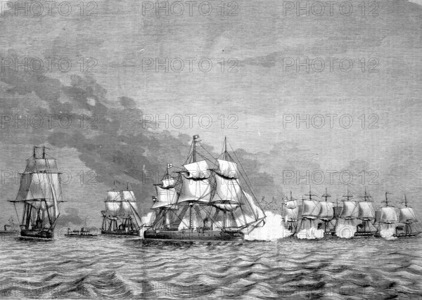 Mock battle of the North German Federal Fleet, Battle of the armoured squadron against the entire wooden fleet, Manoeuvre, Historical, Reproduction of an original with a scene from the 19th century