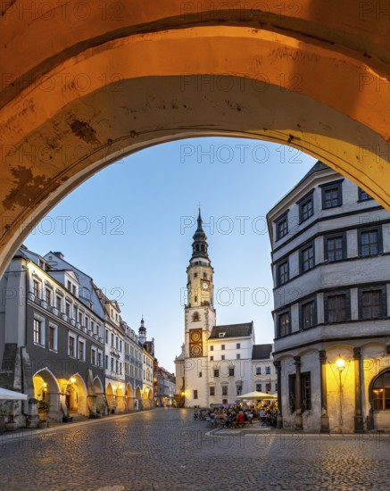 View of Untermarkt - Lower Market Square and the Old Town Hall Clock Tower, Görlitz, Goerlitz, Germany
