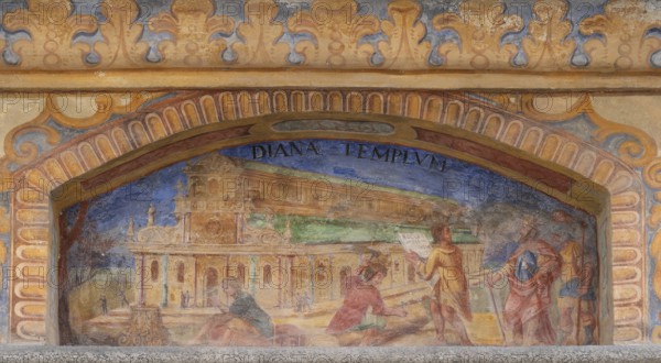 Fresco Wonder of the World Ephesus, Temple of Diana at the Fountain of Miracles, 1508, in the courtyard of Neustift St Margarethen Monastery, Vahrn, district of Bozen, South Tyrol, Italy