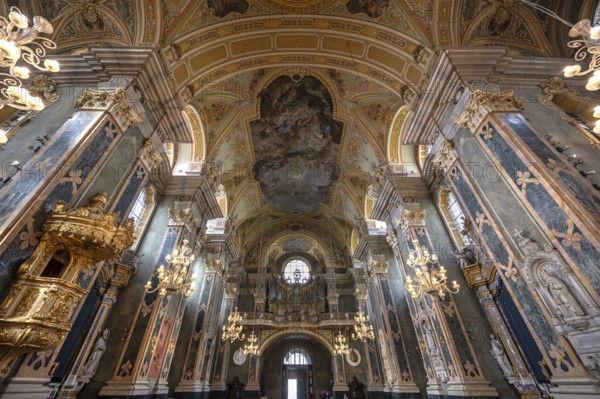 Interior with organ gallery of Bressanone Cathedral, Cathedral Square, Bressanone, South Tyrol, Italy