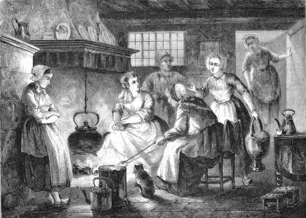 Water woman and fire woman in Holland with the task of fetching water and tending the fire, historical, reproduction of a model with a scene from the 19th century