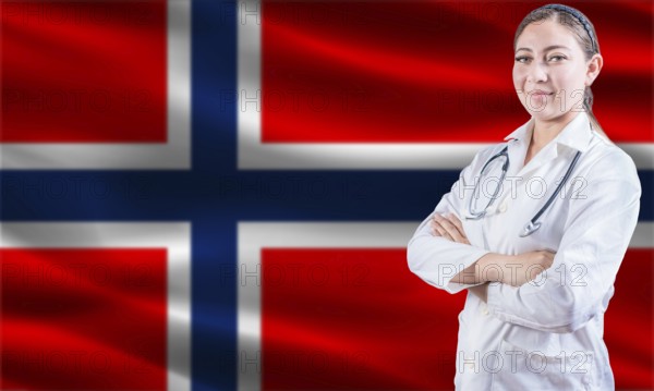 Female doctor on Norway flag. Doctor with crossed arms on Norway flag. Norway health and care concept