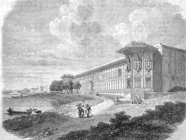 View of Delhi on the Yamuna, Jamuna or Jumna, tributary of the Ganges, India, Historical, Reproduction from a 19th century model with a scene from the 19th century