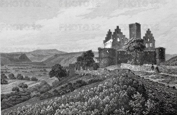 Trimburg in the Middle Ages, actually Trimberg Castle, ruins of a hilltop castle of the Lords of Trimberg, district of Bad Kissingen, Lower Franconia, Bavaria, Germany, digitally enhanced reproduction of a 19th century original, historical, exact date unknown