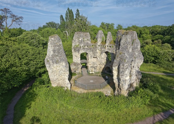 Odiham Castle, also known as King John's Castle, is a ruined castle from the 14th century. Aerial view. Greywell, Hampshire, South East England, Great Britain