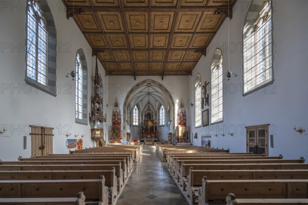Interior of the parish church of St John the Baptist, rebuilt after a fire in 1872 in neo-Gothic style, Lorettostraße 31, Obersdorf Bavaria, Germany