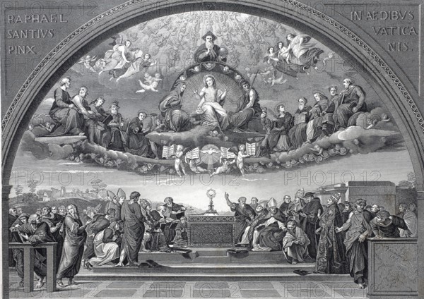 La Disputa, The Disputation of the Blessed Sacrament by Raphael, part of the frescoes in Raphael's Stanzas in the Vatican. The painting depicts theology as knowledge of divine things and is one of Raphael's most famous works, Historic, digitally restored reproduction of a 19th century original
