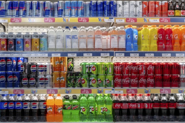 Sales shelf Red Bull, beverages Pepsi, Coca Cola
