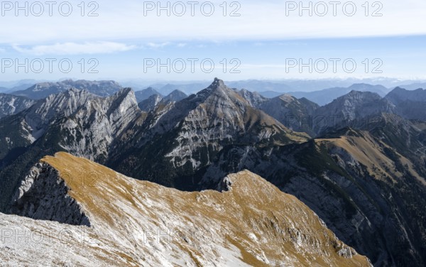 Mountain panorama from the summit of the Gamsjoch, view of the Sonnjoch summit, Rißtal in the Eng, Karwendel, Tyrol, Austria