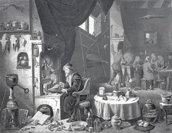 The chemist in his experimental laboratory, steel engraving after a painting by David Teniers, historical, digitally restored reproduction of a 19th century original