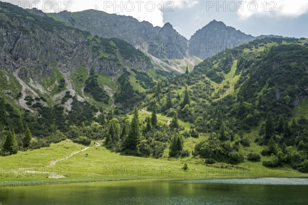 Lower Gaißalpsee, behind Rubihorn, near Oberstdorf, Oberallgäu, Allgäu Alps, Allgäu, Bavaria, Germany