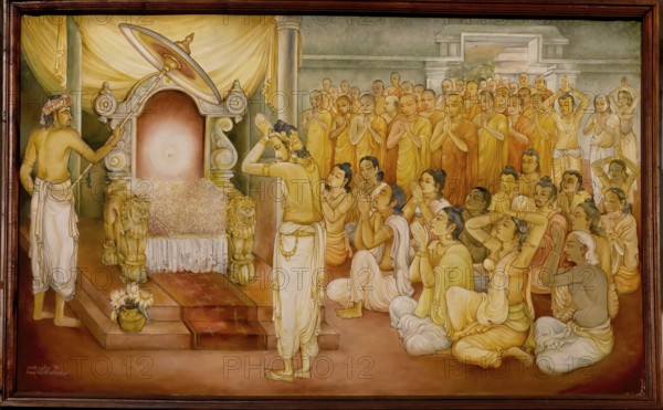 Temple of the sacred Tooth Relic or Sri Dalada Maligawa, Painted panel depicting the history of the Sacred Tooth Relic, New Shrine room or Alut Maligawa ceiling, Kandy, Sri Lanka