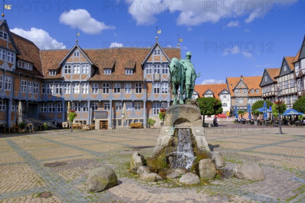 Town market, market square with town hall and monument to Duke August the Younger, Wolfenbüttel, Lower Saxony, Germany