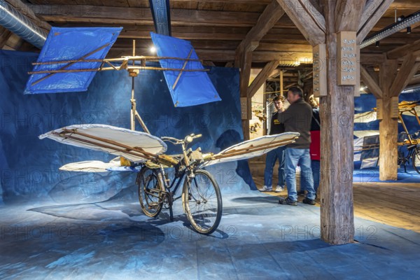 Gustav Mesmer, Icarus from Lautertal. The exhibition in the Zehntscheuer Münsingen shows the flying bicycles of a man who, after his release from a psychiatric hospital, began to fly high. One of his flying machines was presented at the EXPO 1992 world exhibition in Seville. Münsingen, Baden-Württemberg, Germany