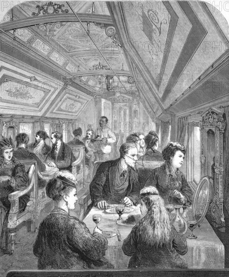 Distinguished people in a dining room in a carriage of the Pacific - Railway in America, Railway, America, Historical, Reproduction from an original with a scene from the 19th century