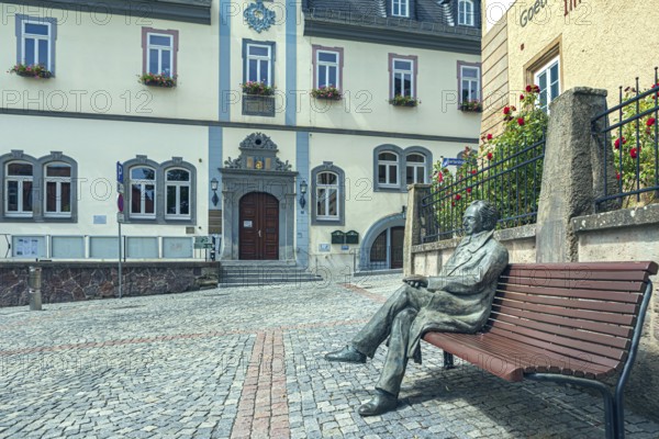 At the market with town hall and Göthe City Museum in Ilmenau, Thuringia, Germany