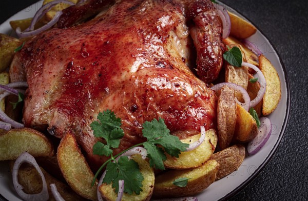 Fried, baked chicken, in the oven, with spices, and rustic potatoes, top view, homemade