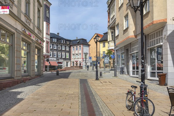Friedrich-Hofmann-Straße and Marktstraße with Apothekerbrunnen in Ilmenau, Thuringia, Germany
