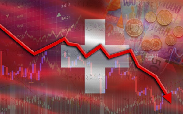 Switzerland financial fall on economy market. Switzerland financial crisis on economic graph
