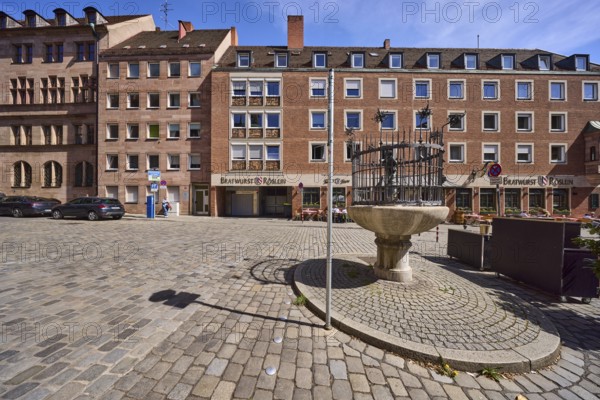 Goose-man fountain, Pankraz Labenwolf, bronze fountain, restaurant, square, cobblestones, blue sky, cirrostratus clouds, Fünferplatz, Rathausplatz, Nuremberg, Middle Franconia, independent city, Bavaria, Germany