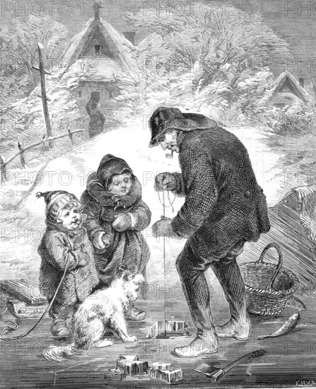 Ice fishing, fisherman has cut a hole in the ice and is fishing, two children and a dog are watching, Historical, Reproduction of a model with a scene from the 19th century