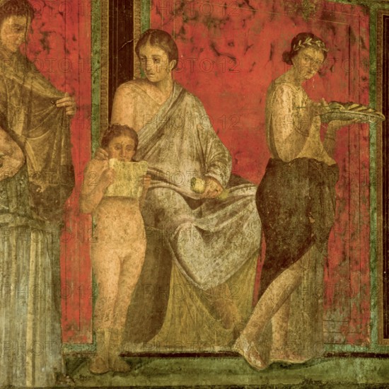 Frescoes, Lecture of the Ritual of the Bridal Mysteries, in the Mystery Villa in Pompeii, Pompeii, Italy