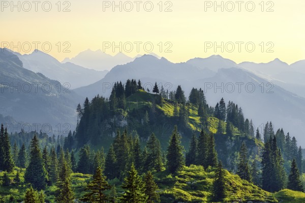 View from the Pragel Pass over the Muota Valley in the evening light, Central Swiss Alps, Canton Schwyz, Switzerland