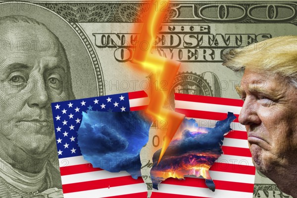 Symbolic image, divided USA, democracy versus autocracy, US democracy in danger, EU and Germany under political pressure, industry, Donald Trump, tariff threats, Elon Musk, Mark Zuckerberg, social networks, fake news, rights broken, hate, hate speech, DSG Digital Services Act, re-election, USA, politics, announcements, vendetta, wanted dictator, Republicans, US electoral system, global danger, lies, 2nd term, global burden, Ukrainian war, storming White House, dollar
