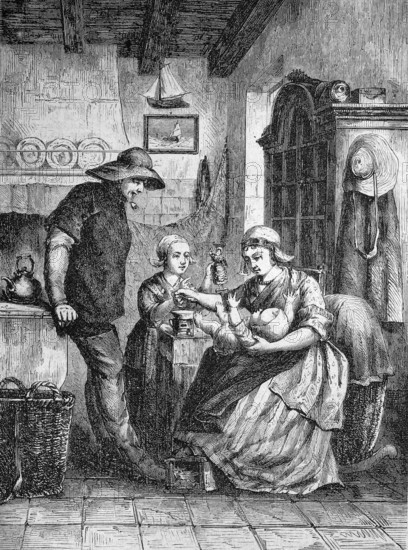A fishing family with two children in their kitchen in Scheveningen in Holland, Historical, Reproduction from a model with a scene from the 19th century