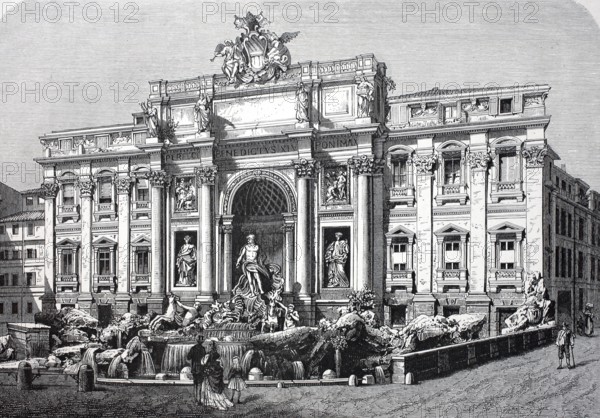 The Trevi Fountain, Fontana di Trevi, around 1800, Rome, Italy, Historical, digitally restored reproduction of a 19th century model
